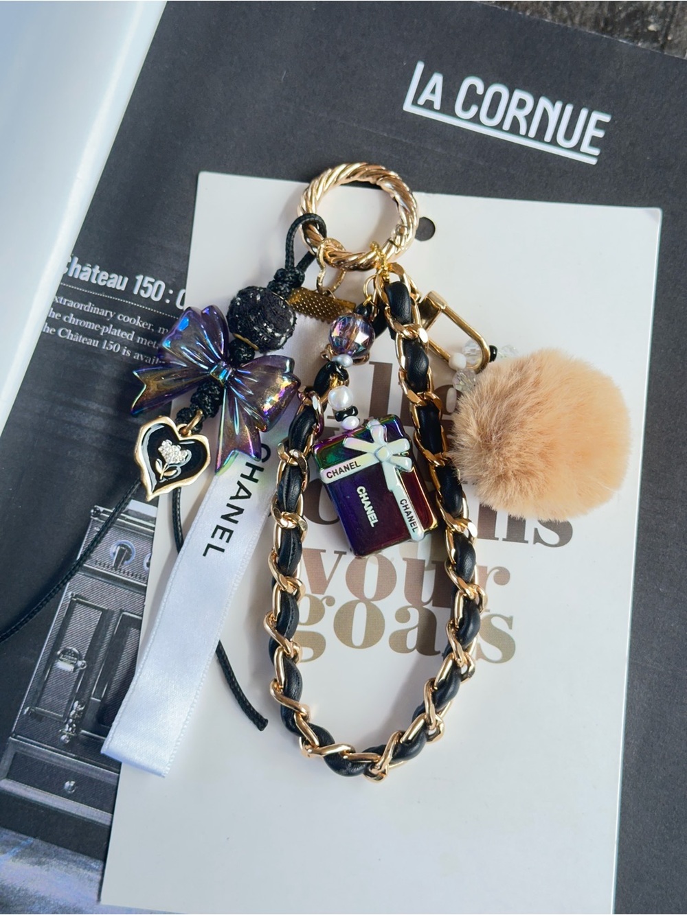 CC Ribbon with Multi-Charm Keychain with Fur Pom